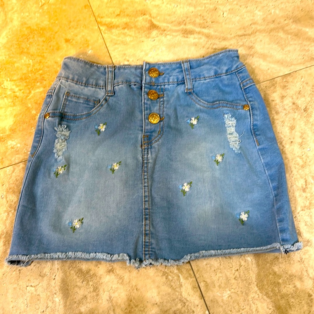 Girls, embellished, light wash soft jean skirt